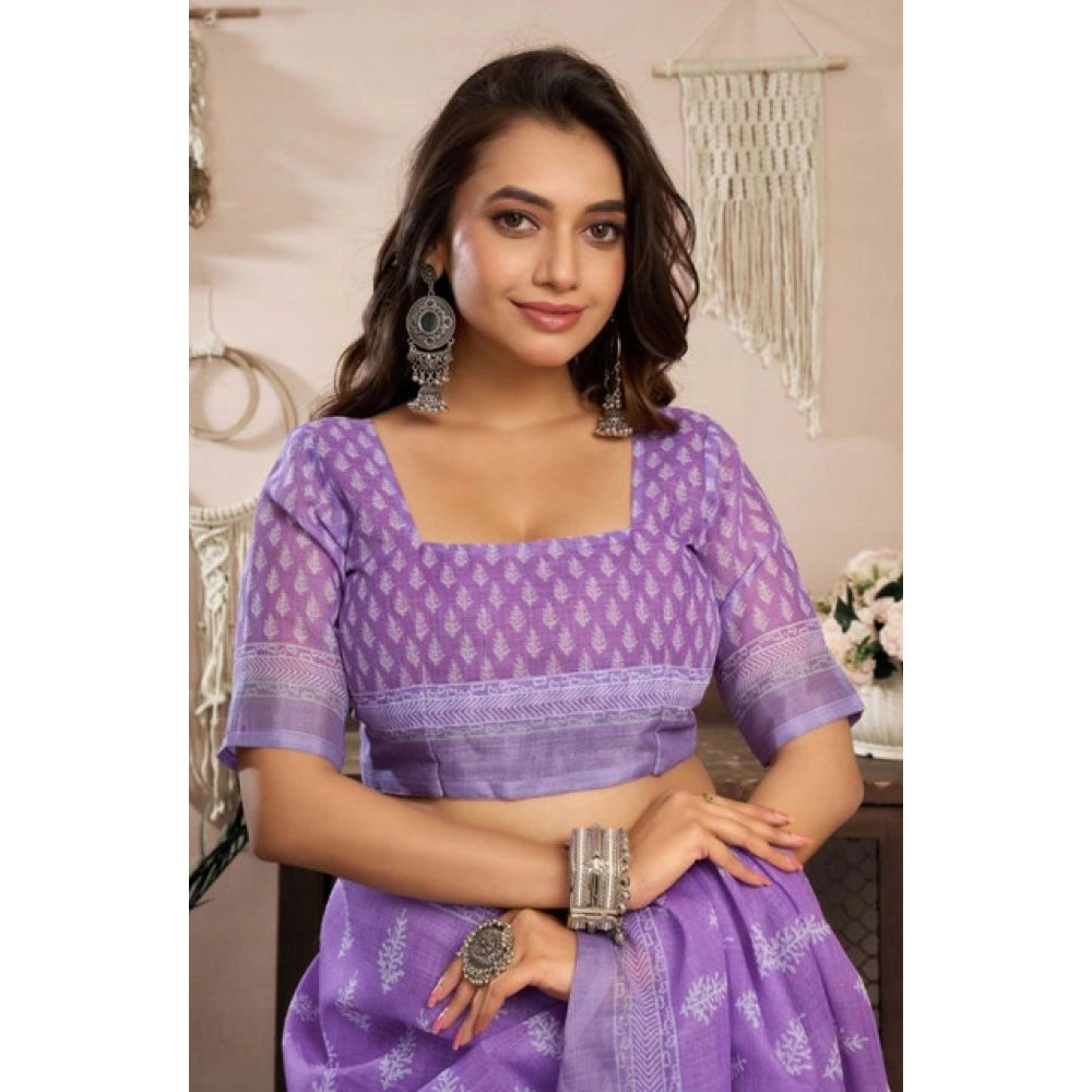 Amfyn Women's Faux Linen Floral Ready to wear Saree With Unstitched Blouse 5.5Mtr (Lavender)