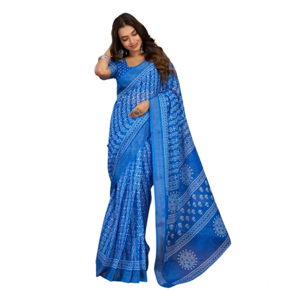 Amfyn Women's Faux Linen Geometric Print Ready to wear Saree With Unstitched Blouse 5.5Mtr (Blue)
