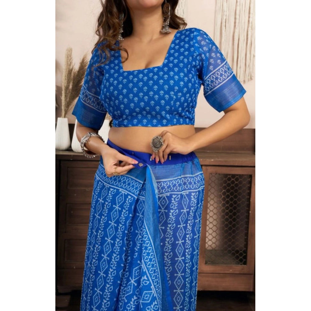Amfyn Women's Faux Linen Geometric Print Ready to wear Saree With Unstitched Blouse 5.5Mtr (Blue)