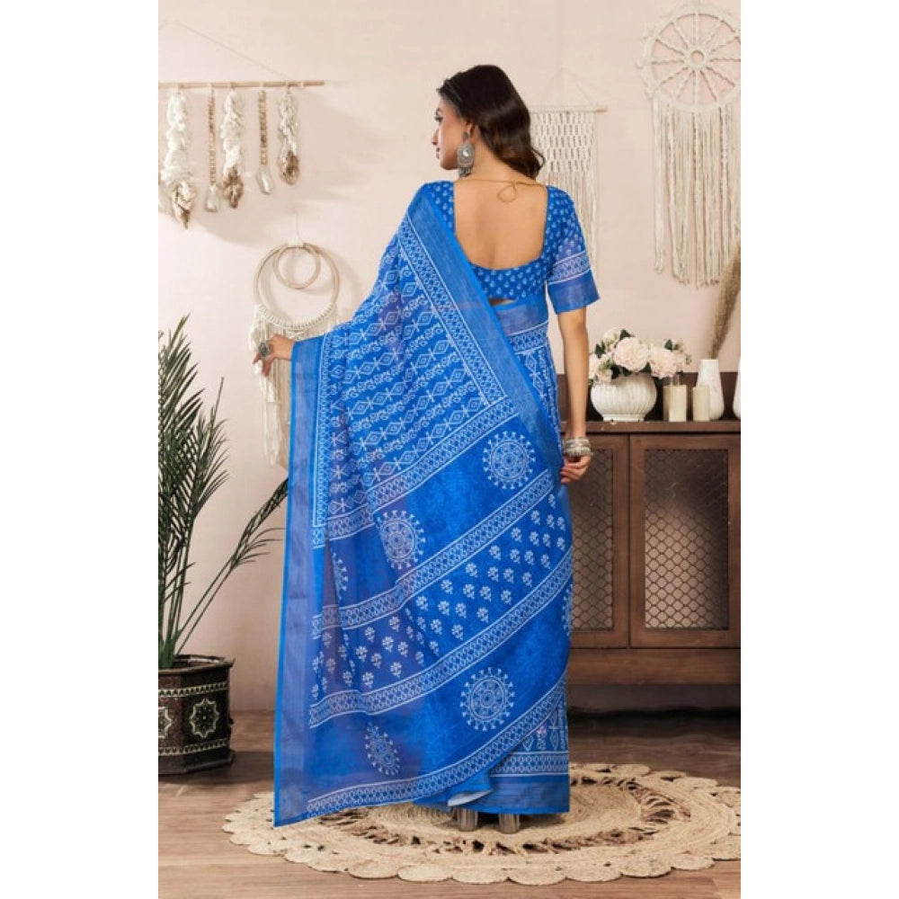 Amfyn Women's Faux Linen Geometric Print Ready to wear Saree With Unstitched Blouse 5.5Mtr (Blue)