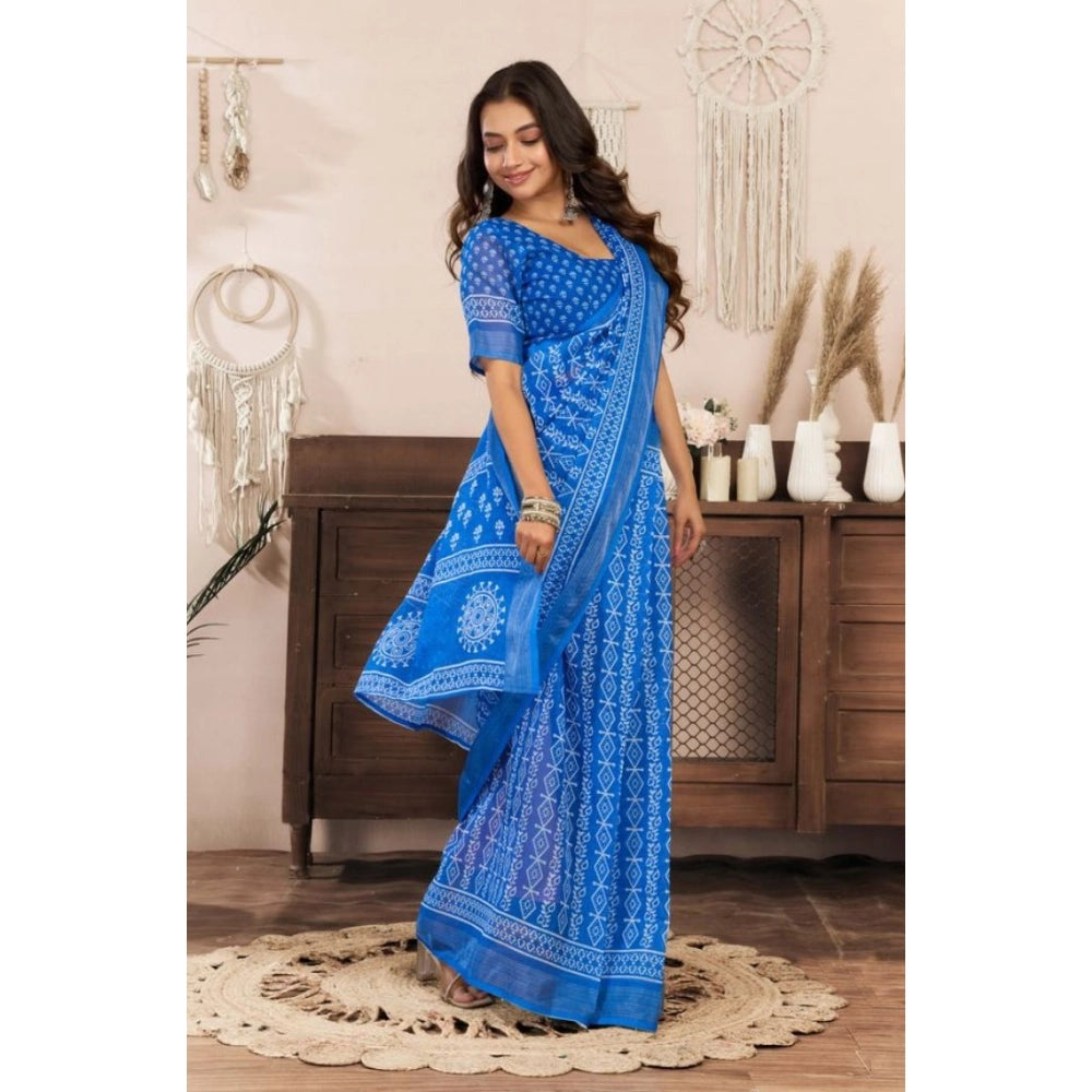 Amfyn Women's Faux Linen Geometric Print Ready to wear Saree With Unstitched Blouse 5.5Mtr (Blue)