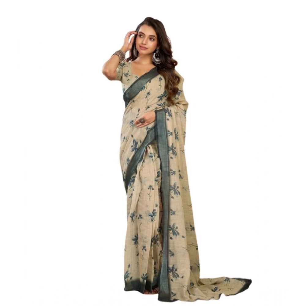 Amfyn Women's Faux Linen Floral Print Ready to wear Saree With Unstitched Blouse 5.5Mtr (LightBeige)
