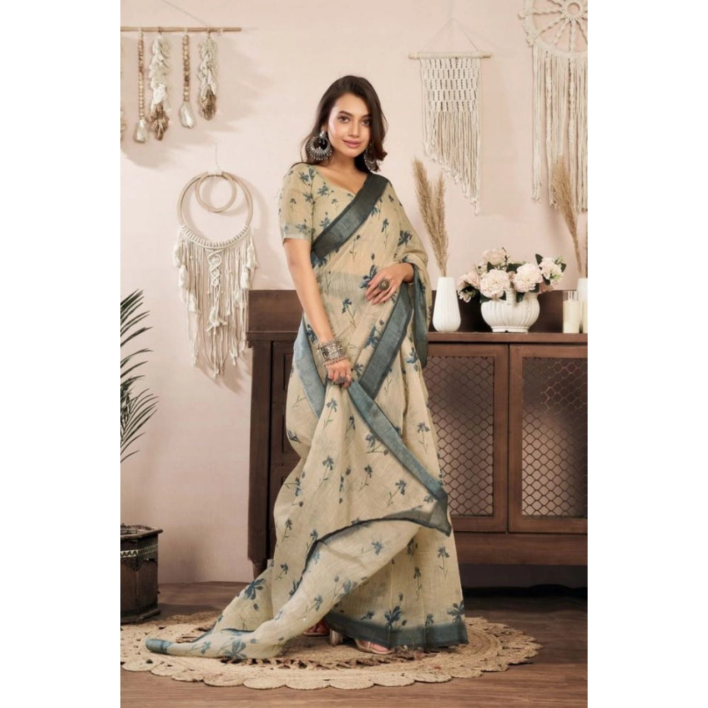 Amfyn Women's Faux Linen Floral Print Ready to wear Saree With Unstitched Blouse 5.5Mtr (LightBeige)