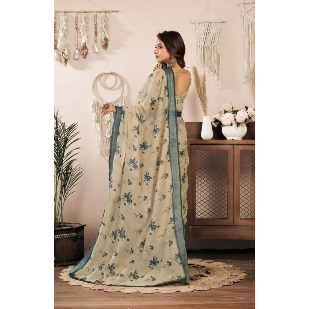 Amfyn Women's Faux Linen Floral Print Ready to wear Saree With Unstitched Blouse 5.5Mtr (LightBeige)