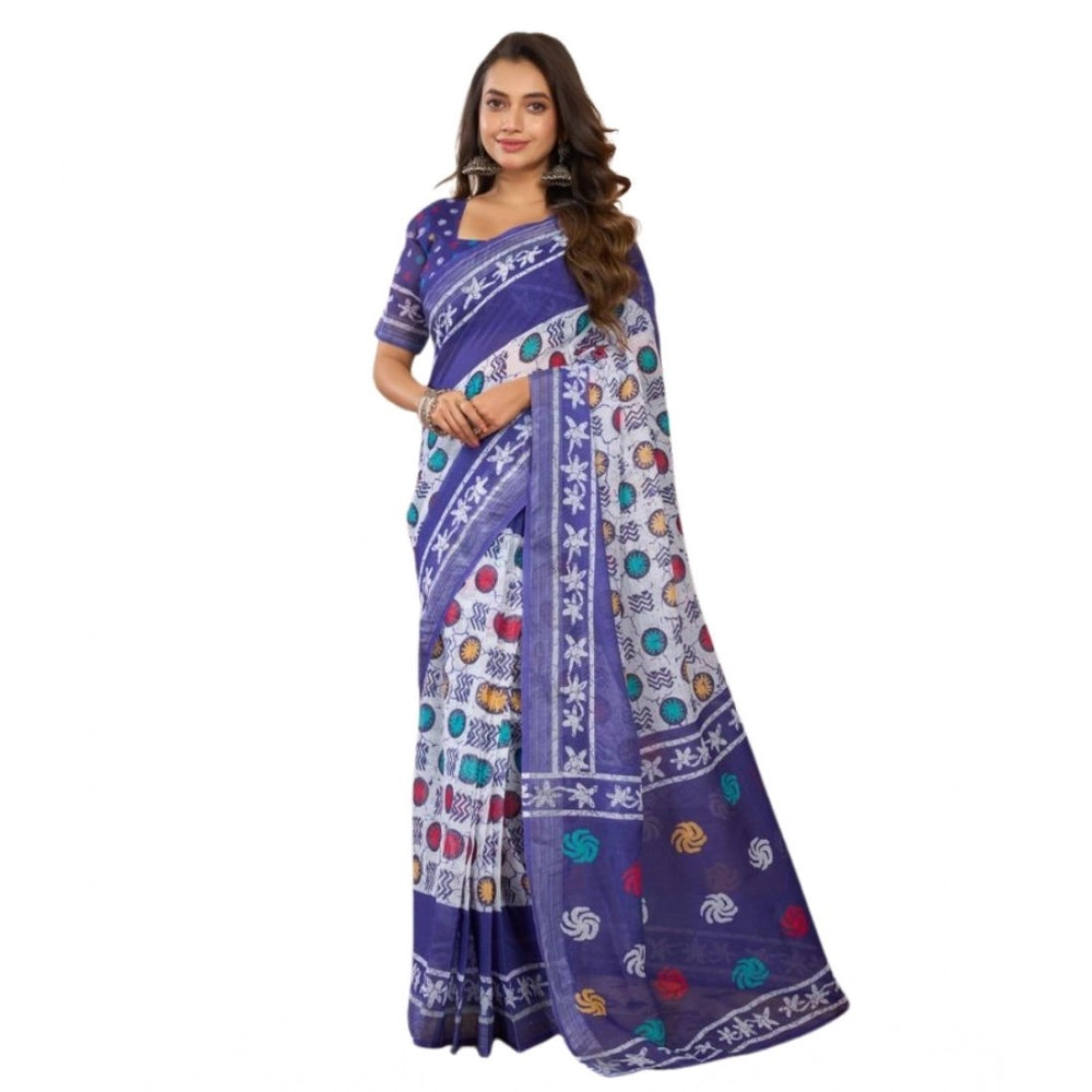 Amfyn Women's Faux Linen Geometric Print Ready to wear Saree With Unstitched Blouse 5.5Mtr (Blue)