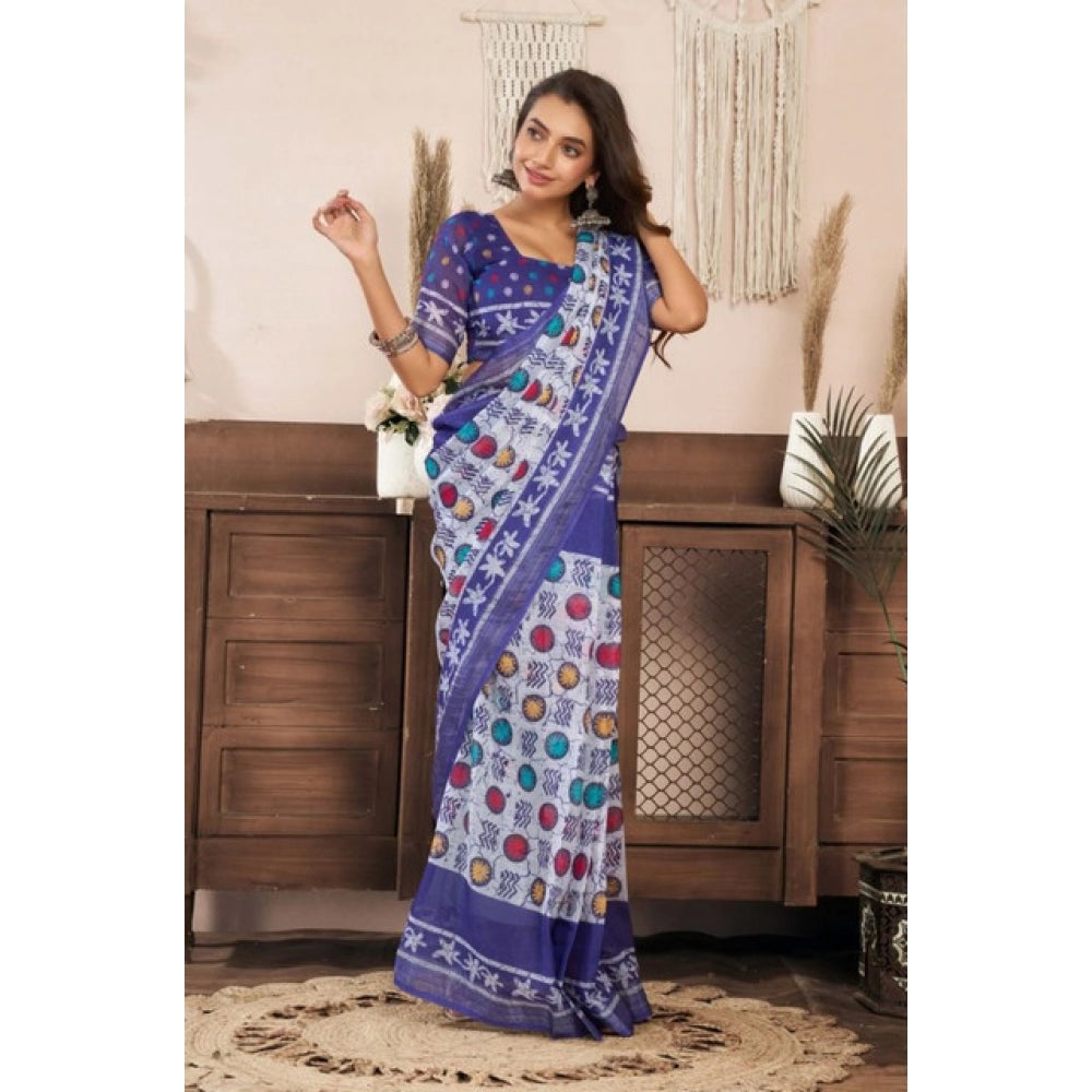 Amfyn Women's Faux Linen Geometric Print Ready to wear Saree With Unstitched Blouse 5.5Mtr (Blue)