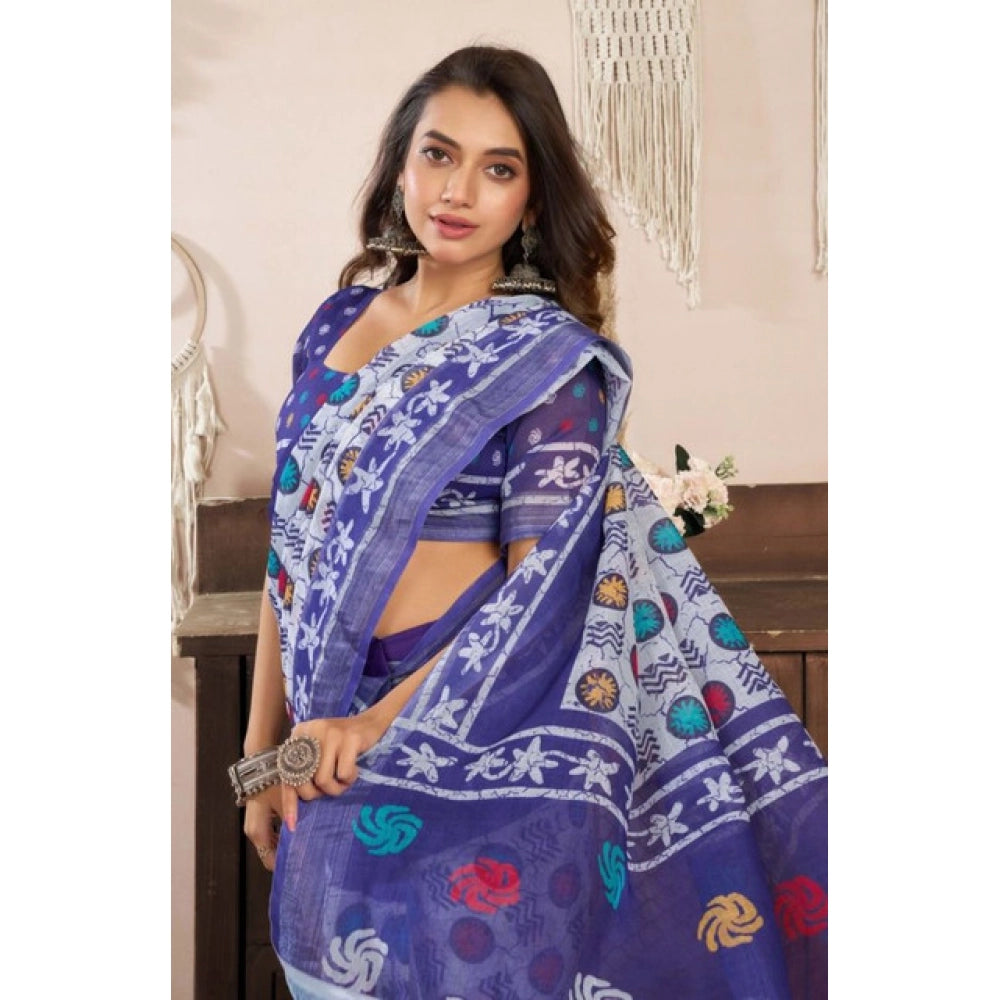 Amfyn Women's Faux Linen Geometric Print Ready to wear Saree With Unstitched Blouse 5.5Mtr (Blue)