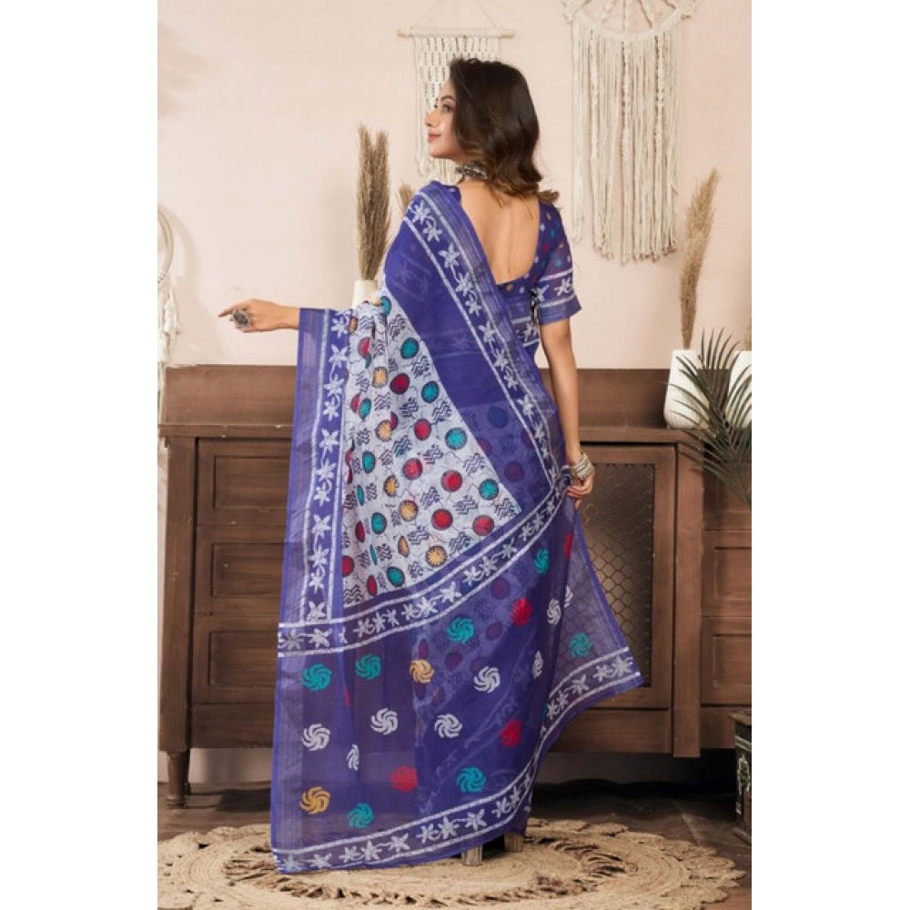 Amfyn Women's Faux Linen Geometric Print Ready to wear Saree With Unstitched Blouse 5.5Mtr (Blue)
