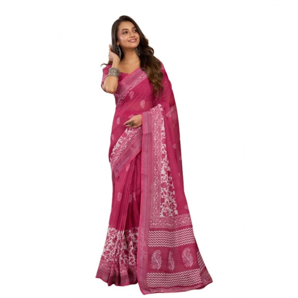 Amfyn Women's Faux Linen Floral Print Ready to wear Saree With Unstitched Blouse 5.5Mtr (Pink)