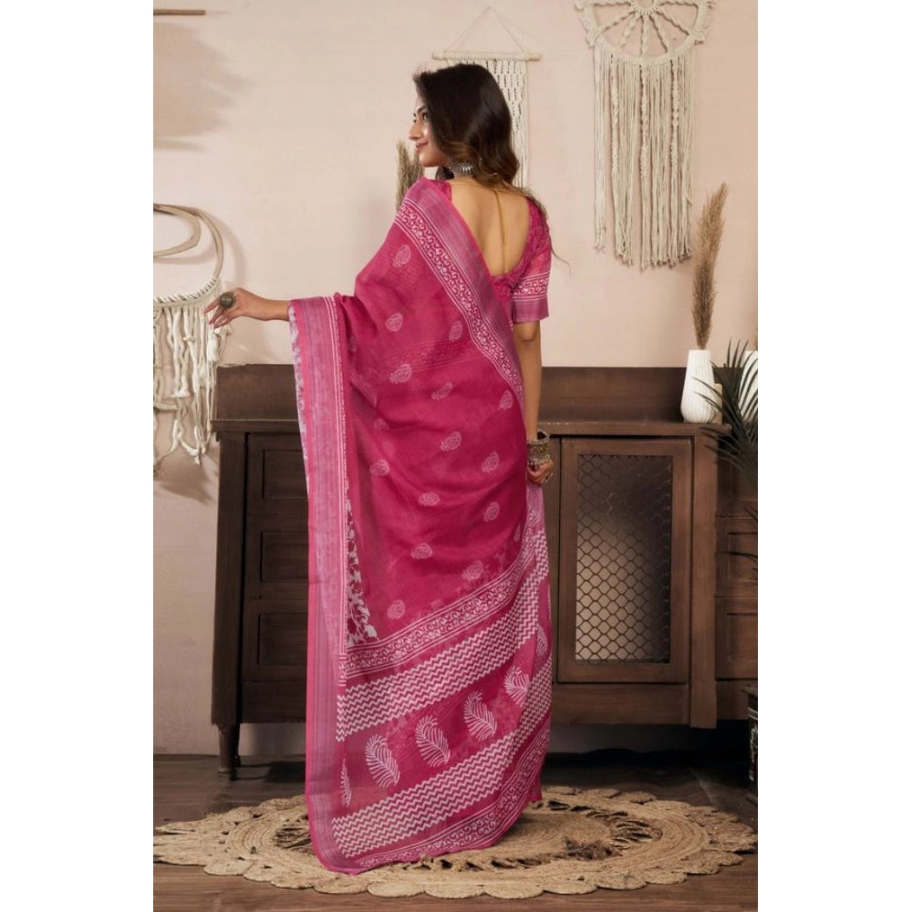 Amfyn Women's Faux Linen Floral Print Ready to wear Saree With Unstitched Blouse 5.5Mtr (Pink)