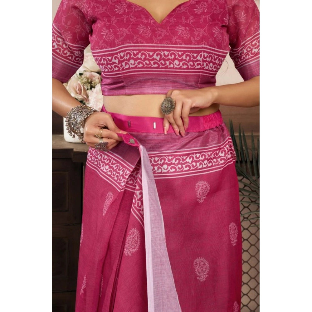 Amfyn Women's Faux Linen Floral Print Ready to wear Saree With Unstitched Blouse 5.5Mtr (Pink)