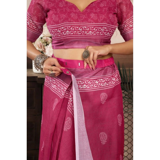 Amfyn Women's Faux Linen Floral Print Ready to wear Saree With Unstitched Blouse 5.5Mtr (Pink)