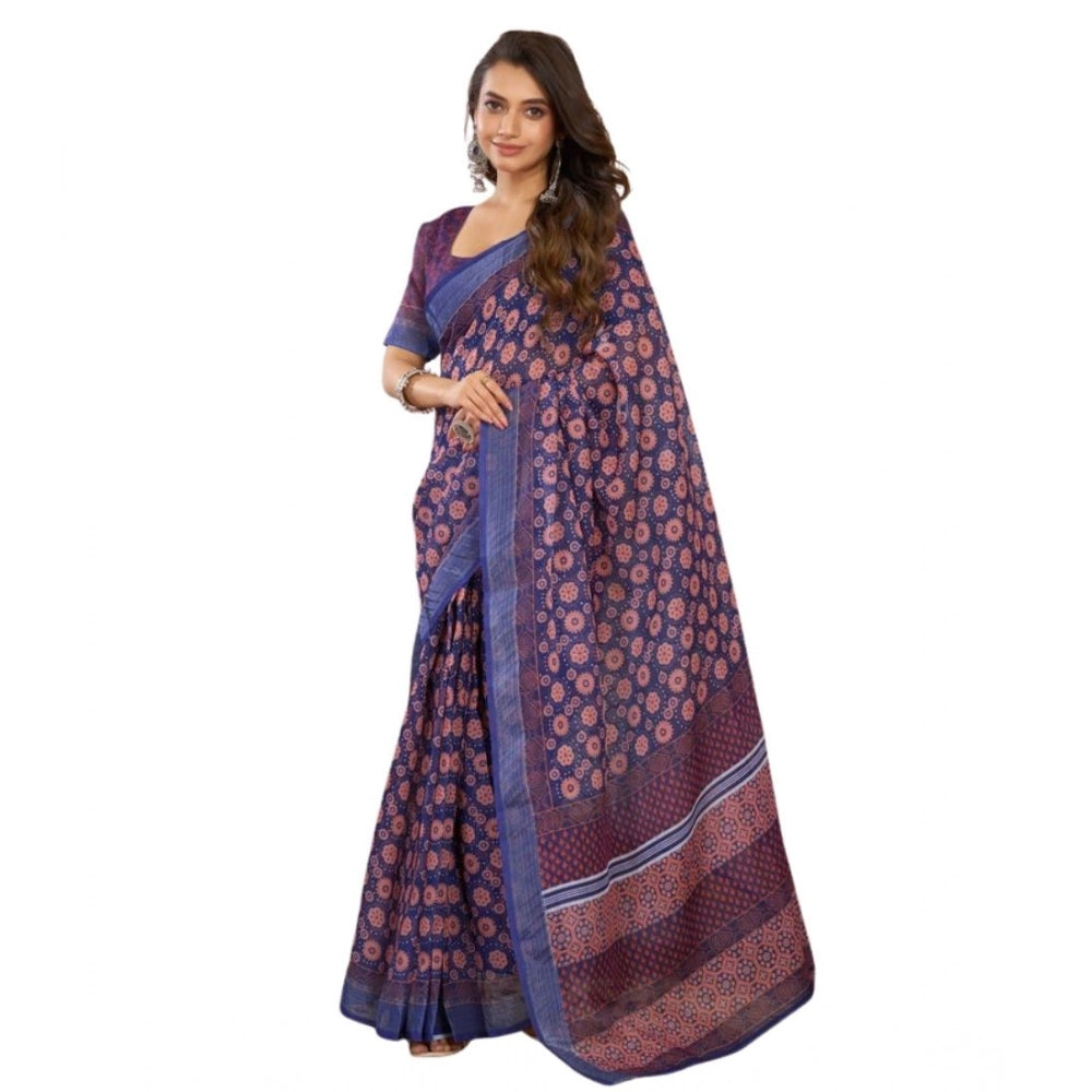 Amfyn Women's Faux Linen Floral Print Ready to wear Saree With Unstitched Blouse 5.5Mtr (Dark_NavyBlue)