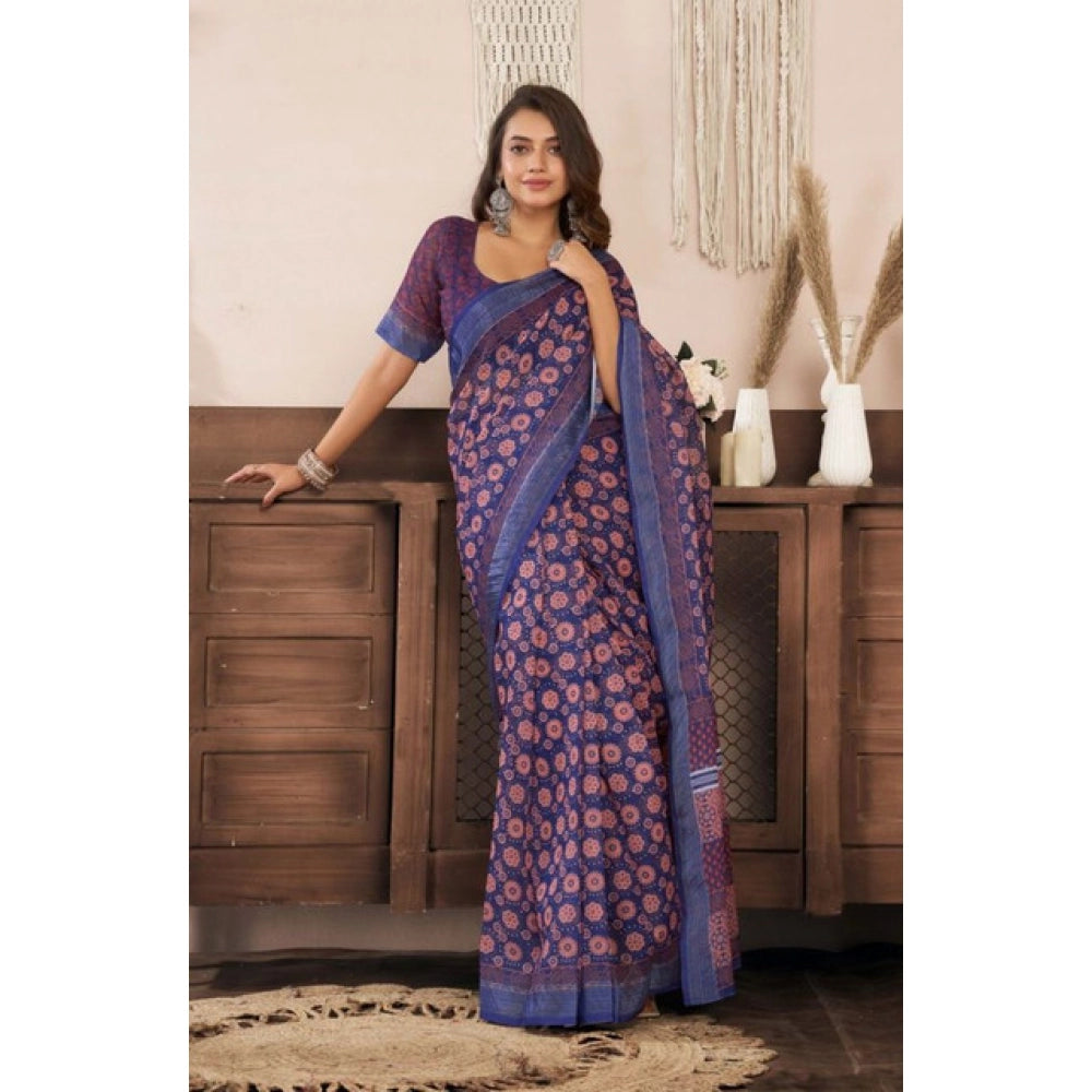 Amfyn Women's Faux Linen Floral Print Ready to wear Saree With Unstitched Blouse 5.5Mtr (Dark_NavyBlue)
