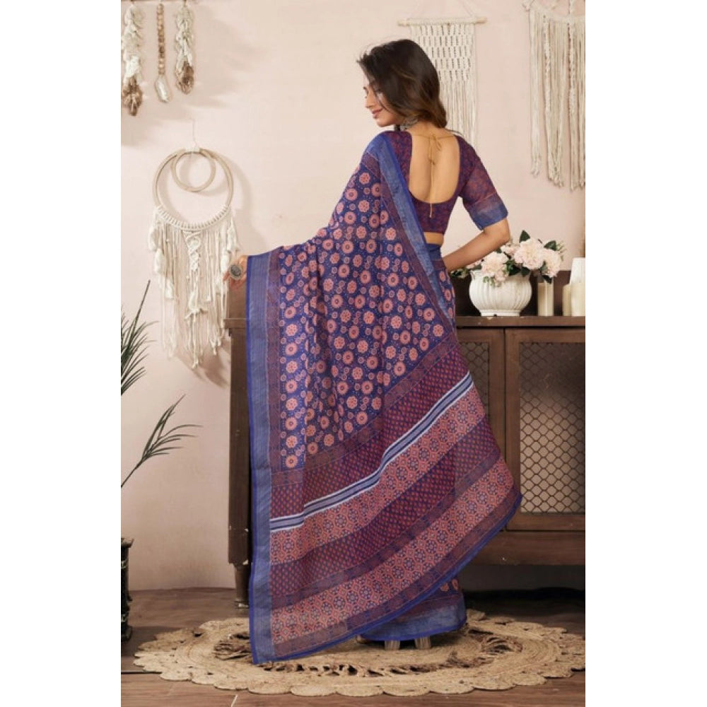 Amfyn Women's Faux Linen Floral Print Ready to wear Saree With Unstitched Blouse 5.5Mtr (Dark_NavyBlue)