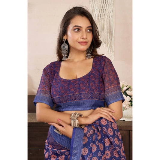 Amfyn Women's Faux Linen Floral Print Ready to wear Saree With Unstitched Blouse 5.5Mtr (Dark_NavyBlue)