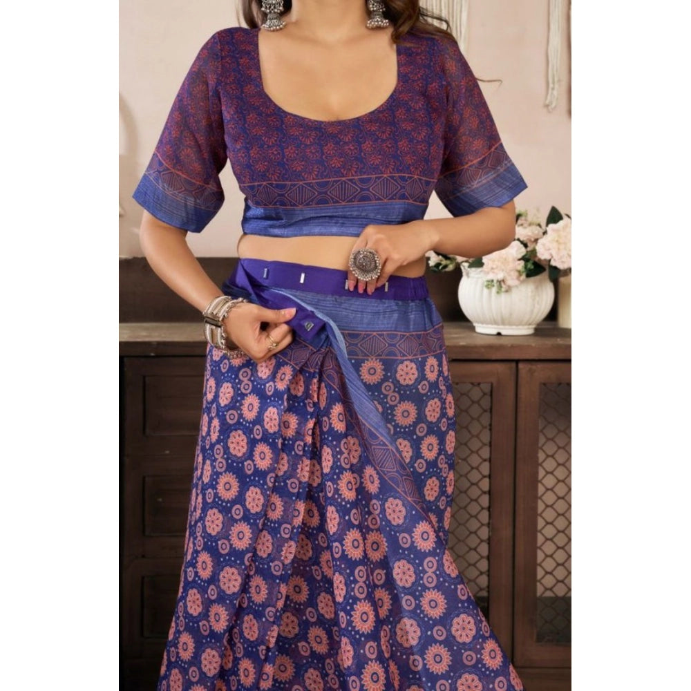 Amfyn Women's Faux Linen Floral Print Ready to wear Saree With Unstitched Blouse 5.5Mtr (Dark_NavyBlue)