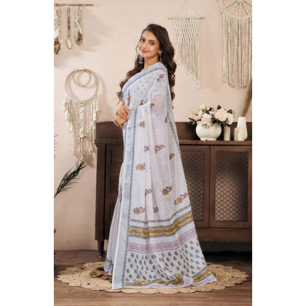 Amfyn Women's Faux Linen Floral Print Ready to wear Saree With Unstitched Blouse 5.5Mtr (Off_White)