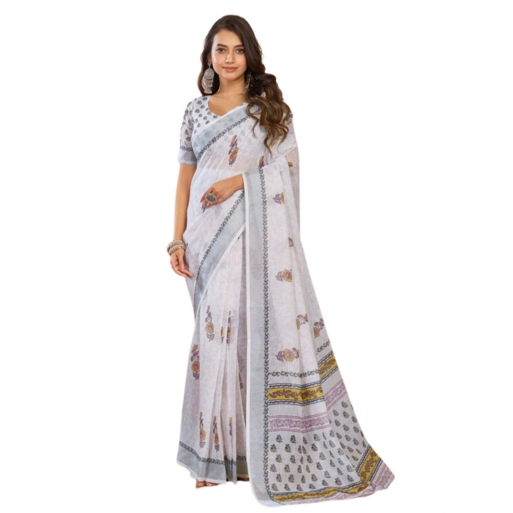 Amfyn Women's Faux Linen Floral Print Ready to wear Saree With Unstitched Blouse 5.5Mtr (Off_White)