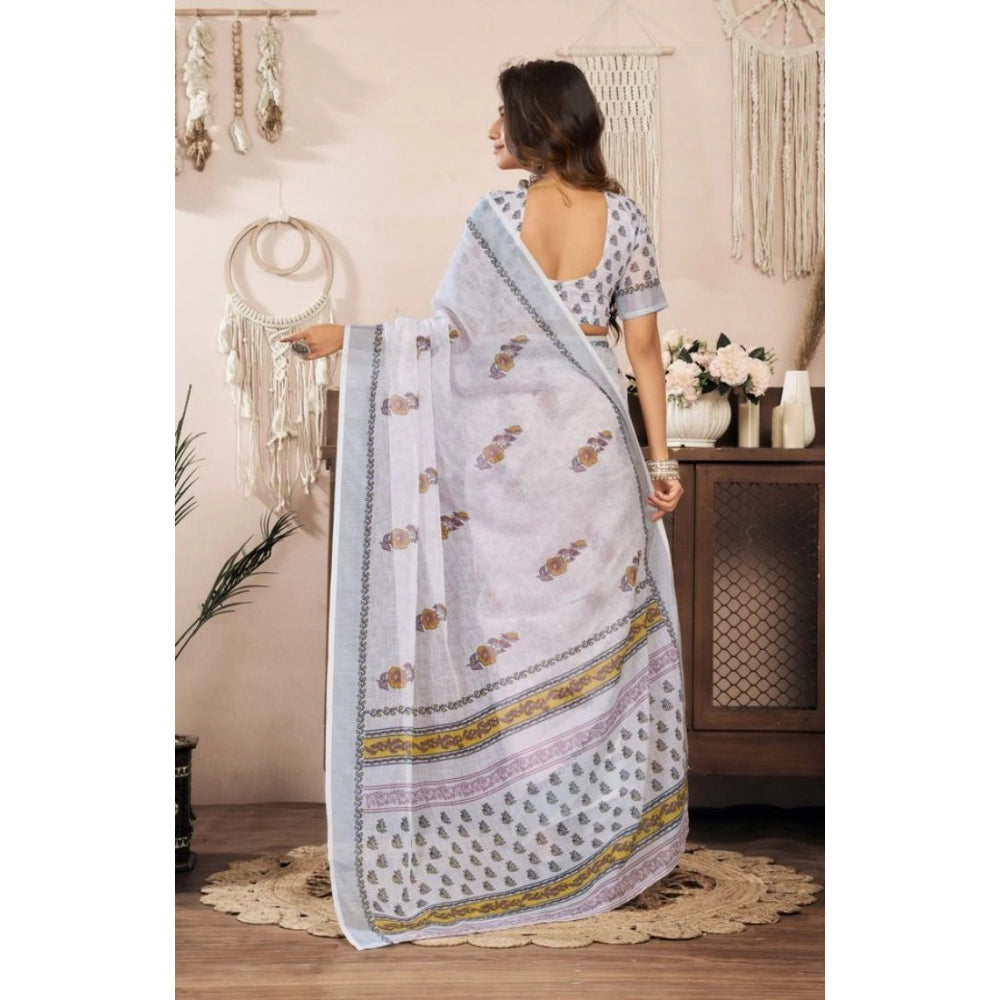 Amfyn Women's Faux Linen Floral Print Ready to wear Saree With Unstitched Blouse 5.5Mtr (Off_White)