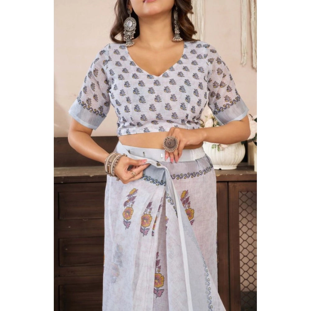 Amfyn Women's Faux Linen Floral Print Ready to wear Saree With Unstitched Blouse 5.5Mtr (Off_White)