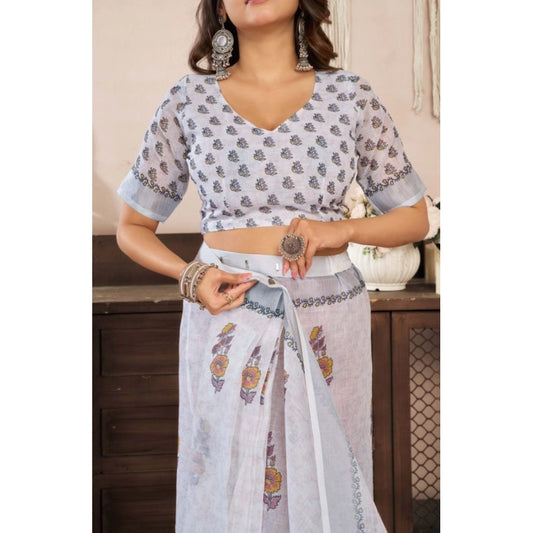 Amfyn Women's Faux Linen Floral Print Ready to wear Saree With Unstitched Blouse 5.5Mtr (Off_White)