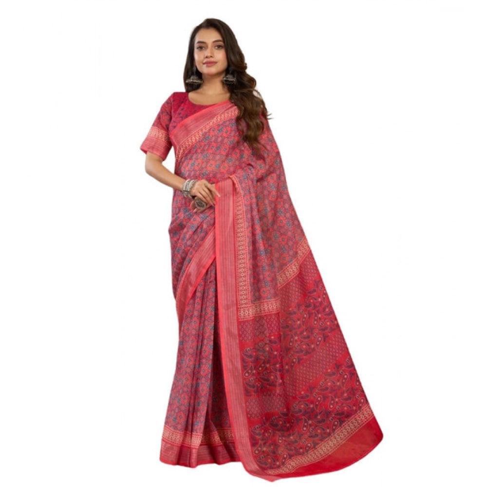 Amfyn Women's Faux Linen Geometric Print Ready to wear Saree With Unstitched Blouse 5.5Mtr (Red)