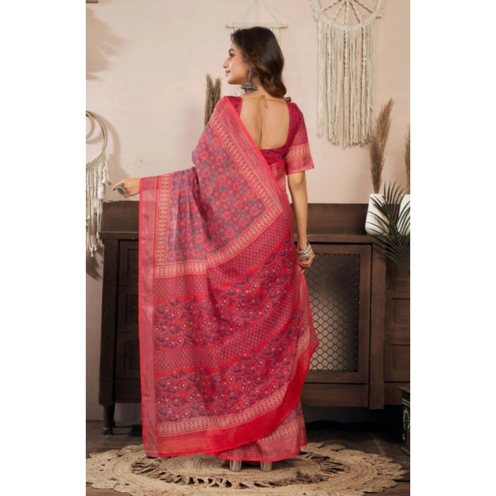 Amfyn Women's Faux Linen Geometric Print Ready to wear Saree With Unstitched Blouse 5.5Mtr (Red)