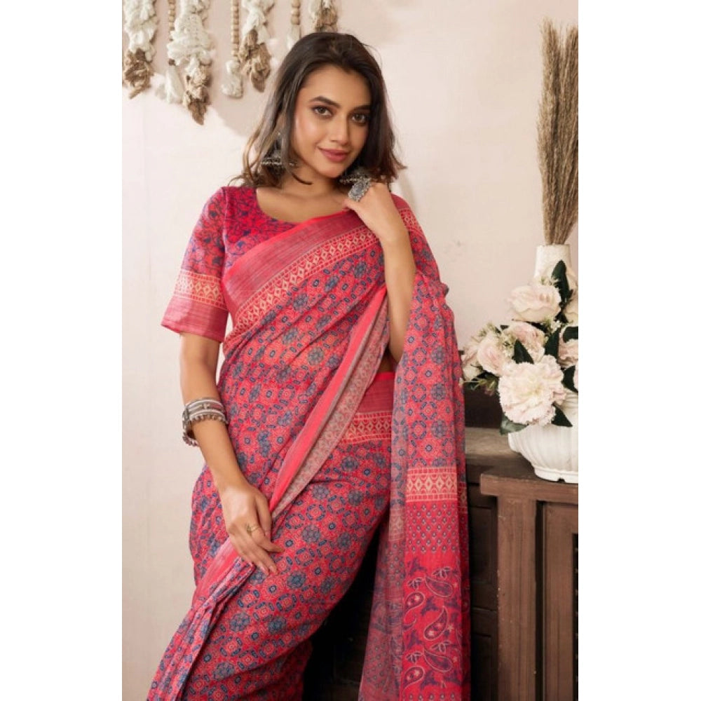 Amfyn Women's Faux Linen Geometric Print Ready to wear Saree With Unstitched Blouse 5.5Mtr (Red)
