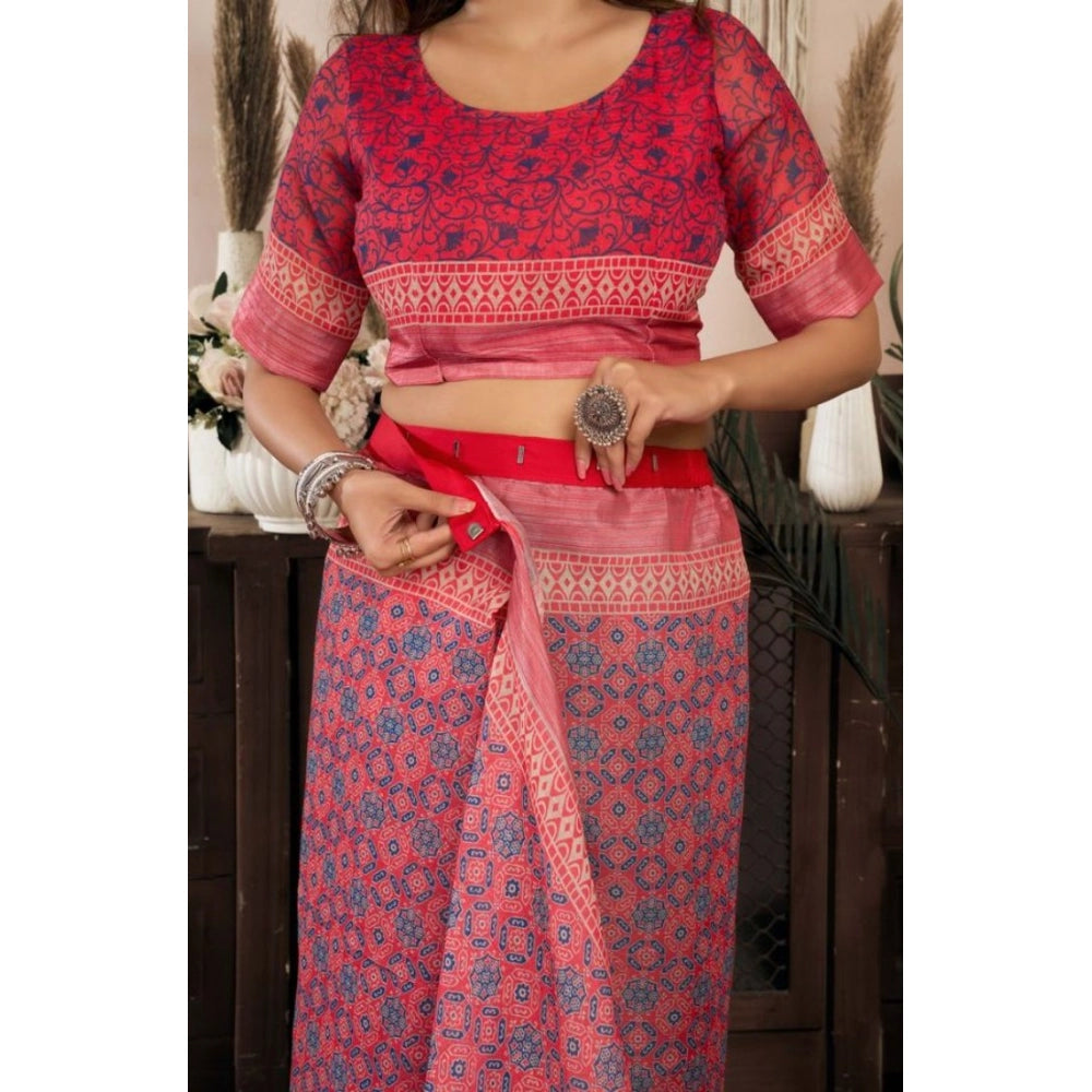 Amfyn Women's Faux Linen Geometric Print Ready to wear Saree With Unstitched Blouse 5.5Mtr (Red)