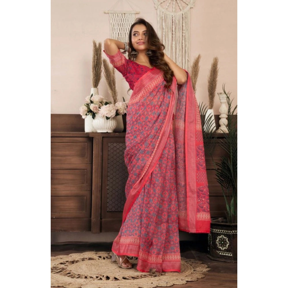 Amfyn Women's Faux Linen Geometric Print Ready to wear Saree With Unstitched Blouse 5.5Mtr (Red)