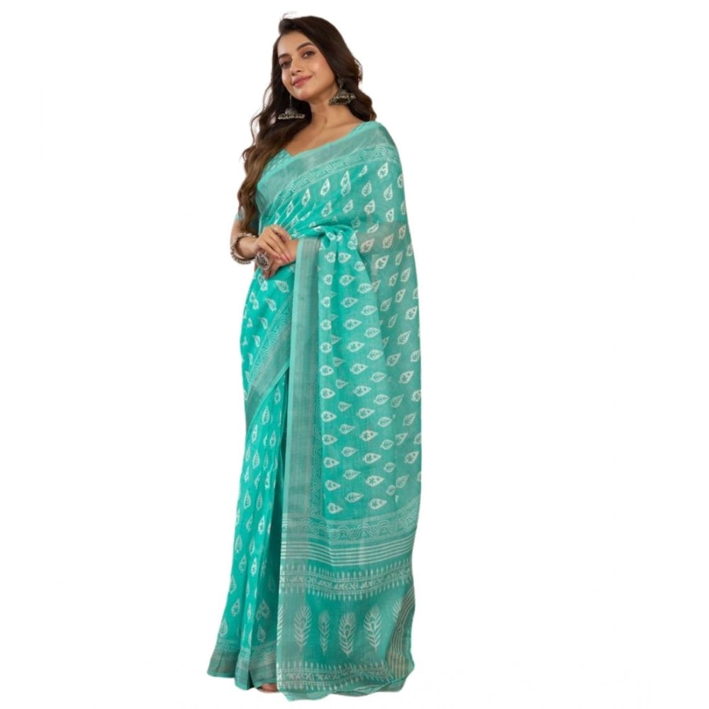 Amfyn Women's Faux Linen Leaf Print Ready to wear Saree With Unstitched Blouse 5.5Mtr (SeaGreen)