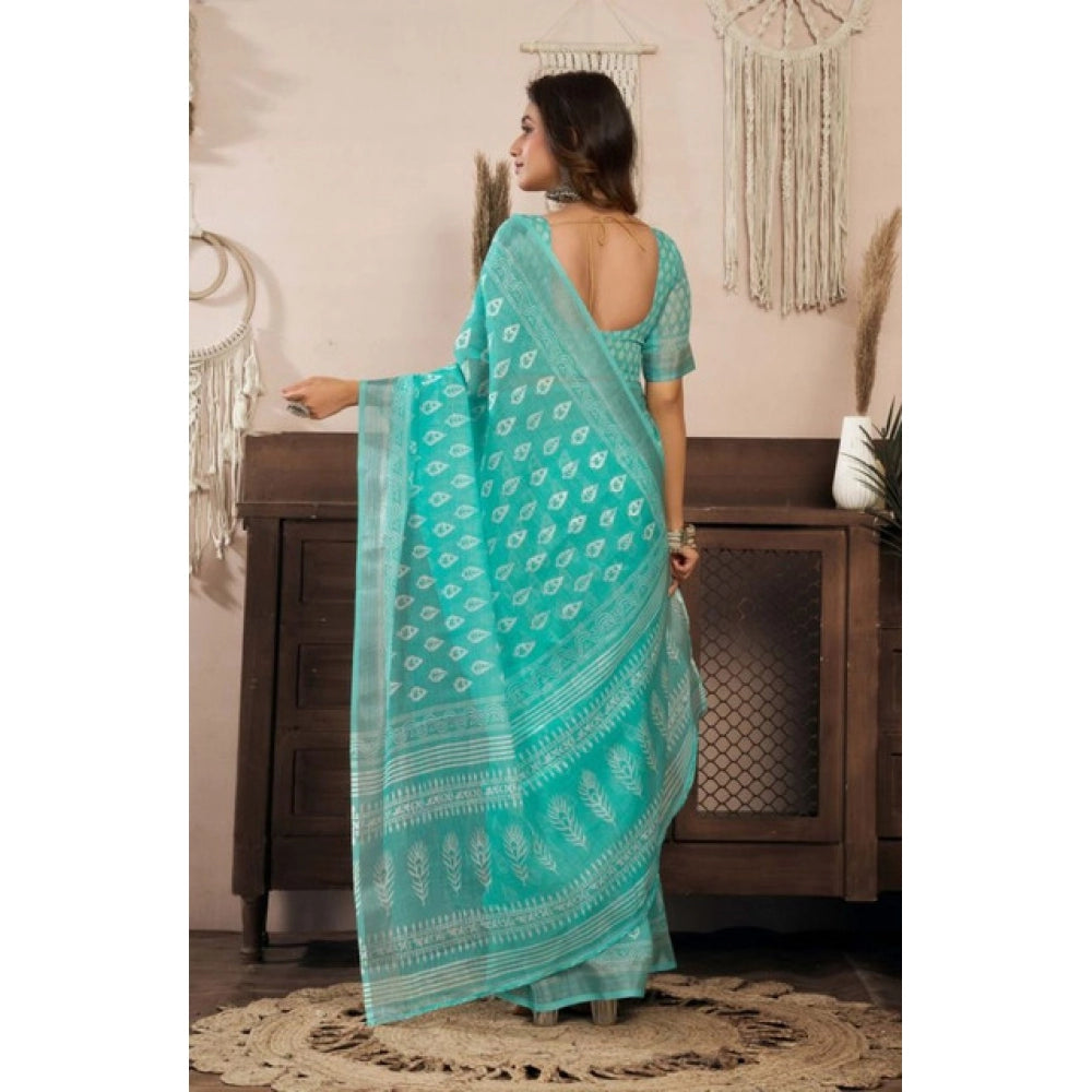 Amfyn Women's Faux Linen Leaf Print Ready to wear Saree With Unstitched Blouse 5.5Mtr (SeaGreen)
