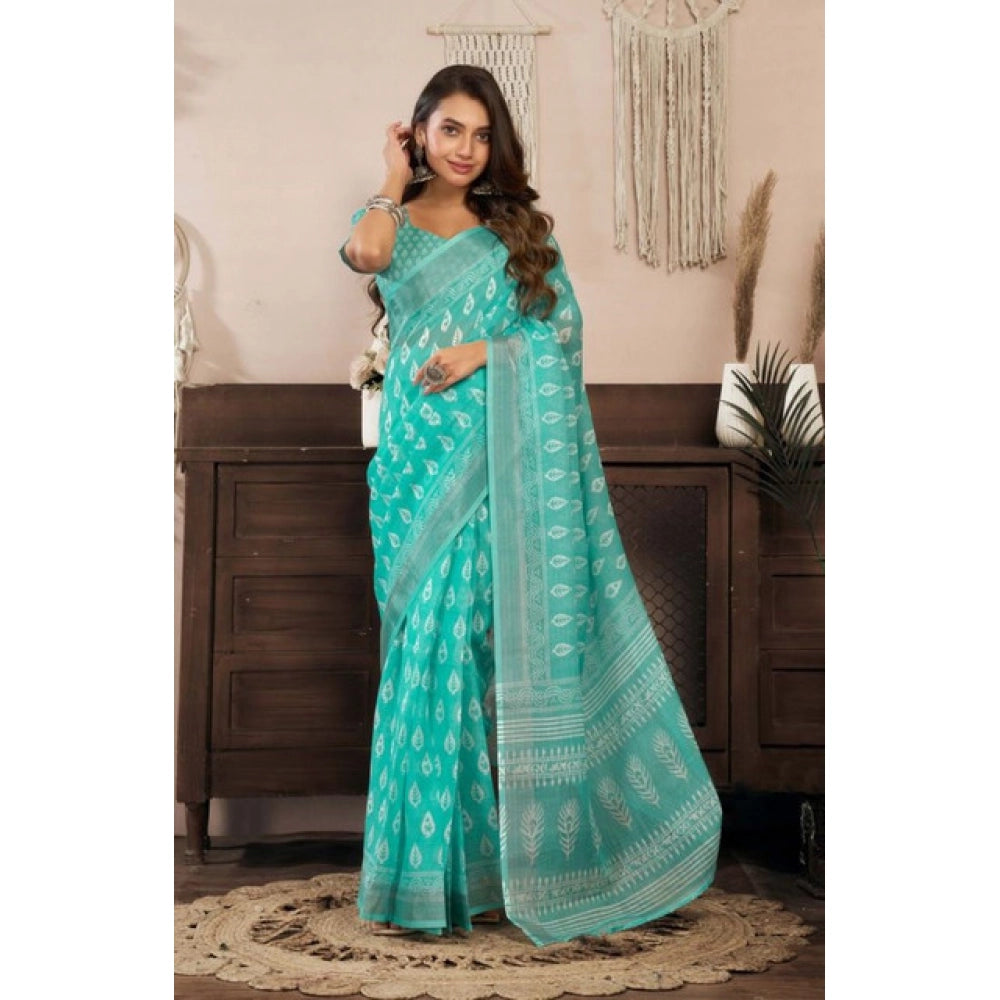 Amfyn Women's Faux Linen Leaf Print Ready to wear Saree With Unstitched Blouse 5.5Mtr (SeaGreen)