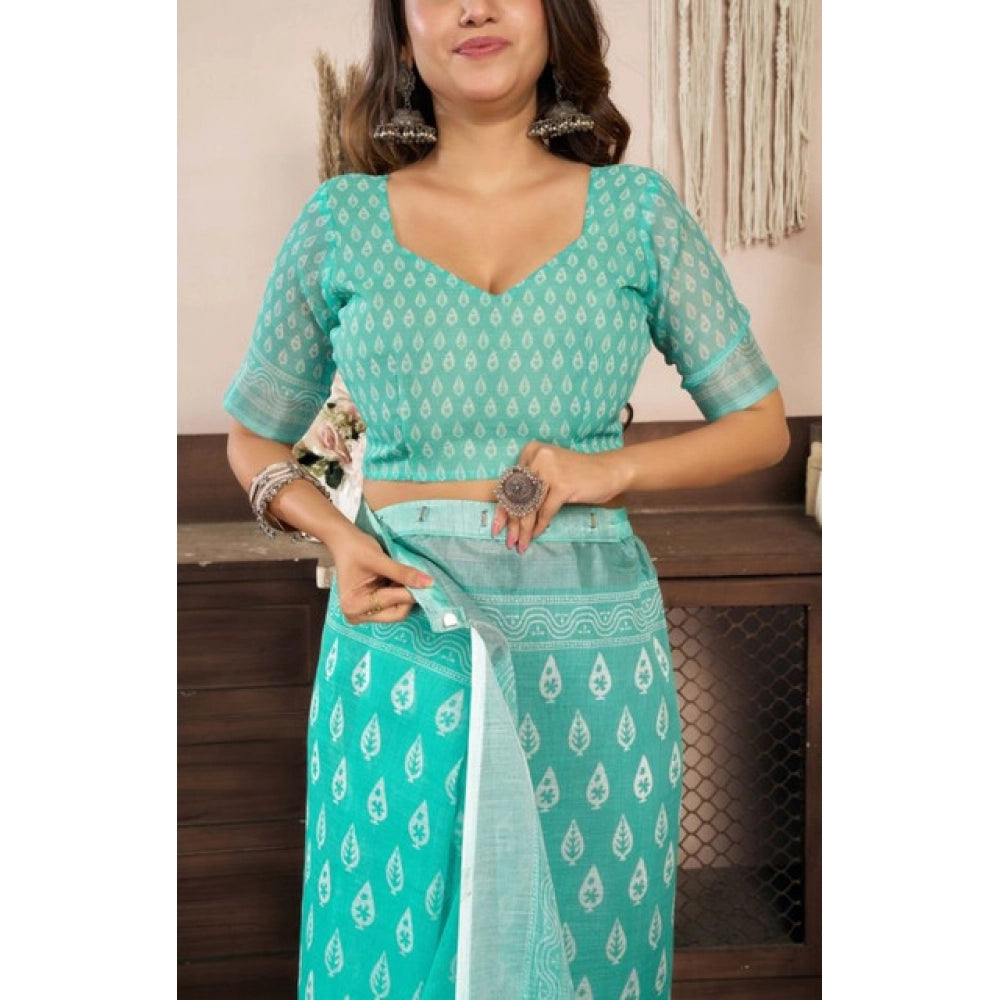 Amfyn Women's Faux Linen Leaf Print Ready to wear Saree With Unstitched Blouse 5.5Mtr (SeaGreen)