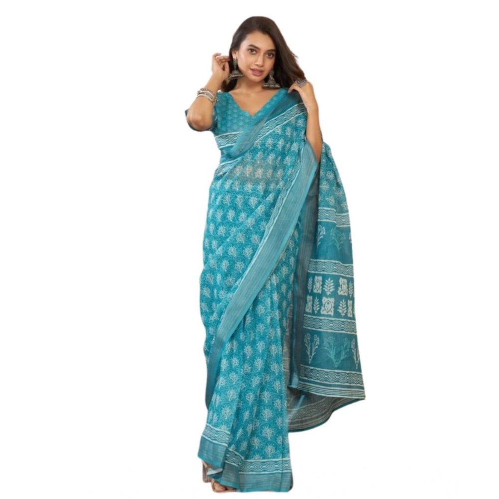 Amfyn Women's Faux Linen Floral Print Ready to wear Saree With Unstitched Blouse 5.5Mtr (AquaBlue)