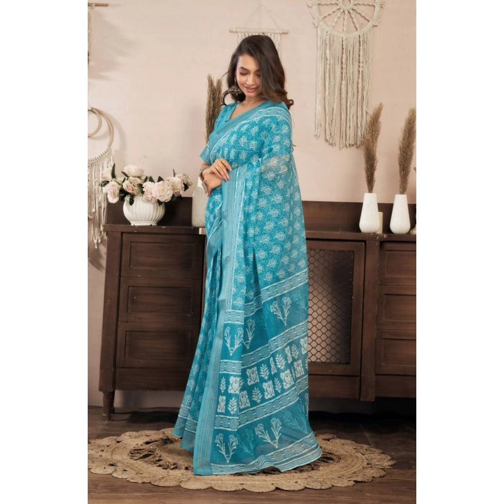 Amfyn Women's Faux Linen Floral Print Ready to wear Saree With Unstitched Blouse 5.5Mtr (AquaBlue)
