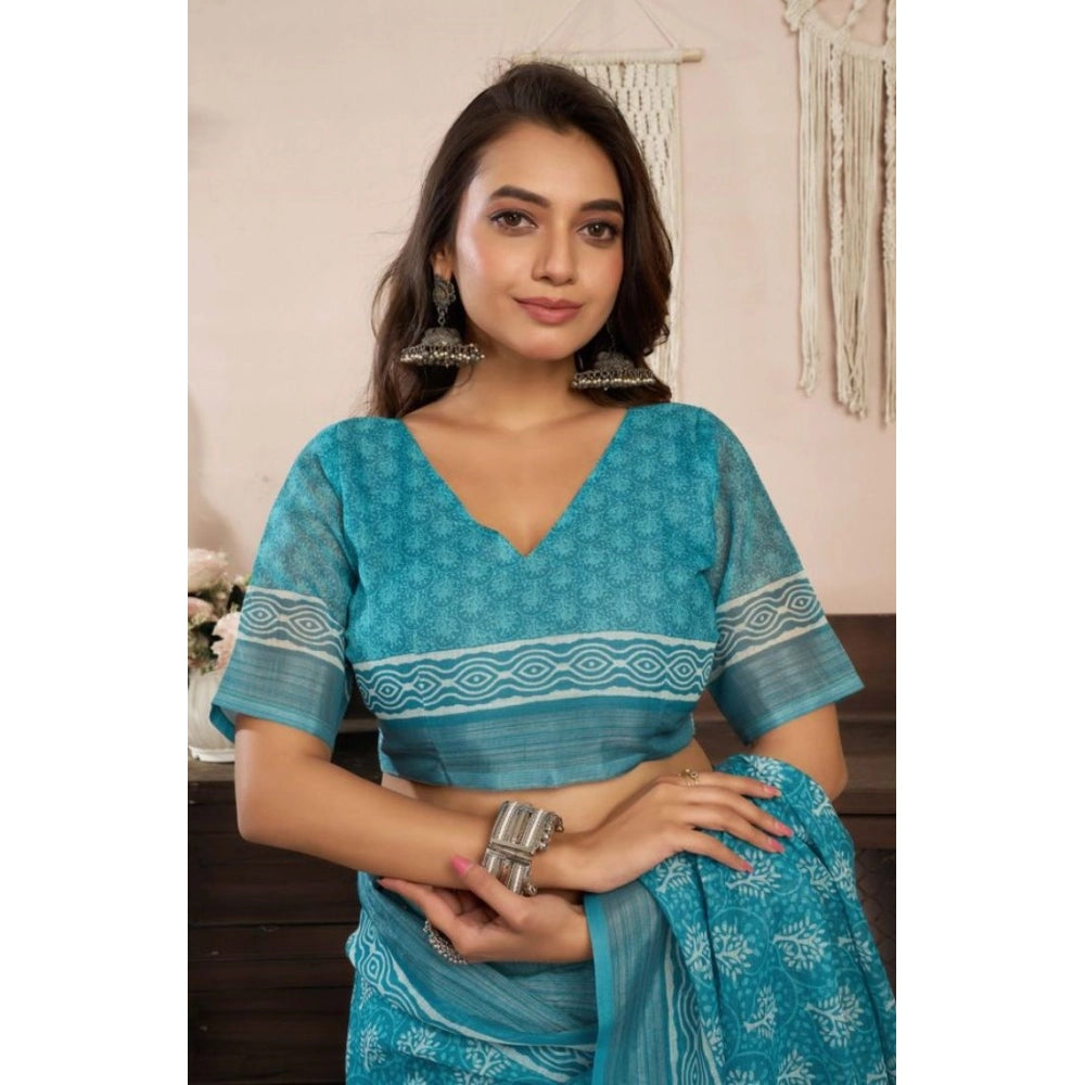 Amfyn Women's Faux Linen Floral Print Ready to wear Saree With Unstitched Blouse 5.5Mtr (AquaBlue)