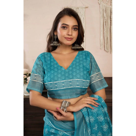Amfyn Women's Faux Linen Floral Print Ready to wear Saree With Unstitched Blouse 5.5Mtr (AquaBlue)