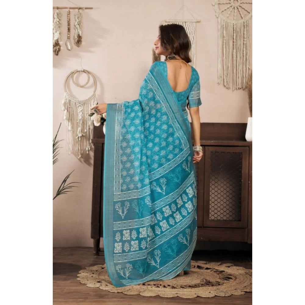 Amfyn Women's Faux Linen Floral Print Ready to wear Saree With Unstitched Blouse 5.5Mtr (AquaBlue)