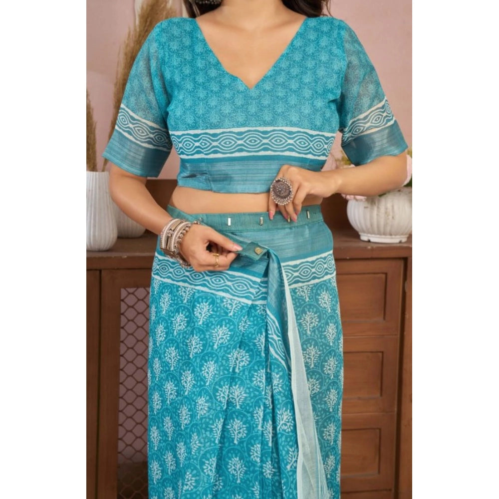 Amfyn Women's Faux Linen Floral Print Ready to wear Saree With Unstitched Blouse 5.5Mtr (AquaBlue)
