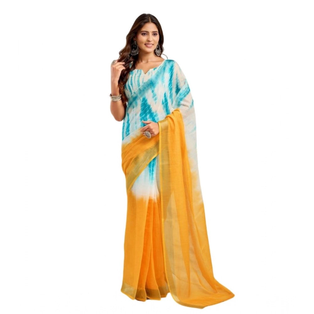 Amfyn Women's Faux Linen Abstract Print Ready to wear Saree With Unstitched Blouse 5.5Mtr (Multicolor)