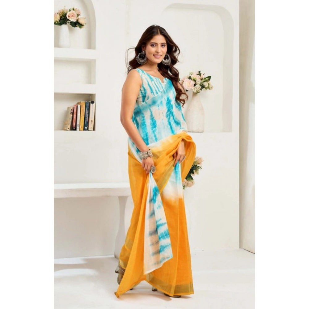 Amfyn Women's Faux Linen Abstract Print Ready to wear Saree With Unstitched Blouse 5.5Mtr (Multicolor)