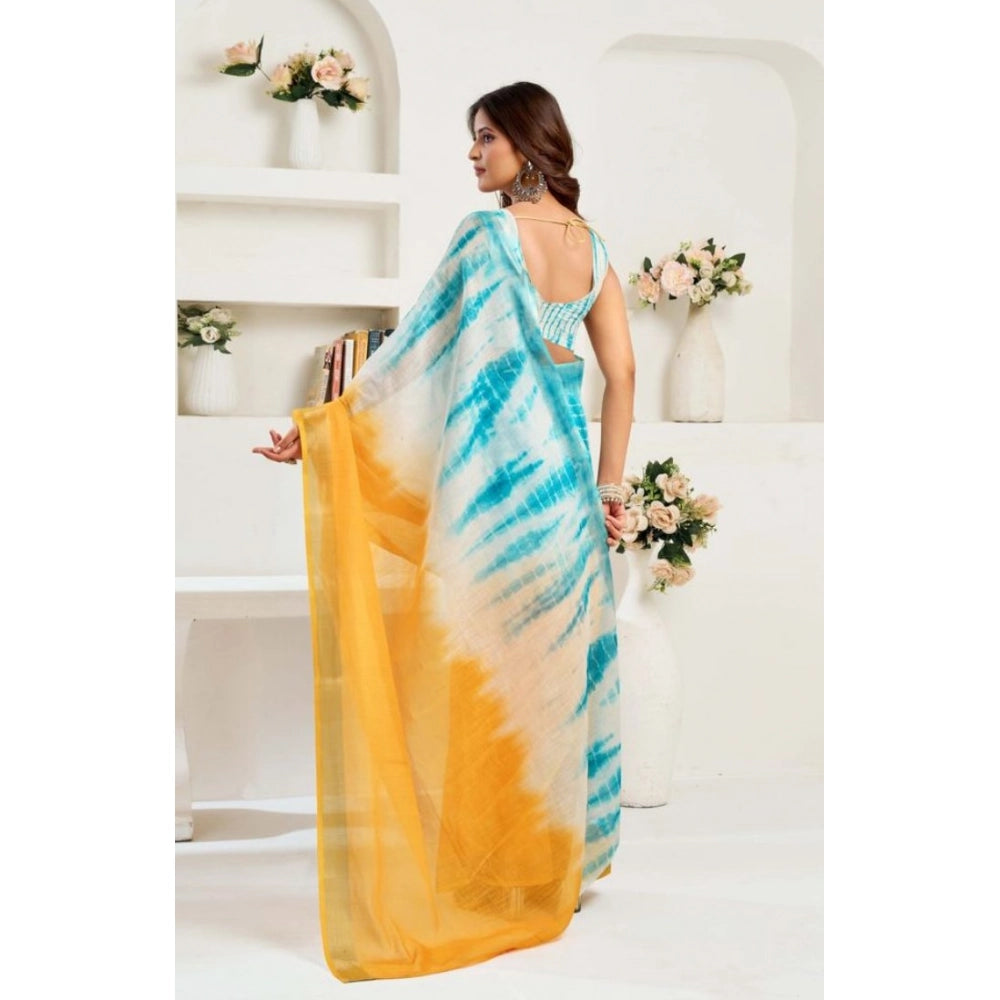 Amfyn Women's Faux Linen Abstract Print Ready to wear Saree With Unstitched Blouse 5.5Mtr (Multicolor)
