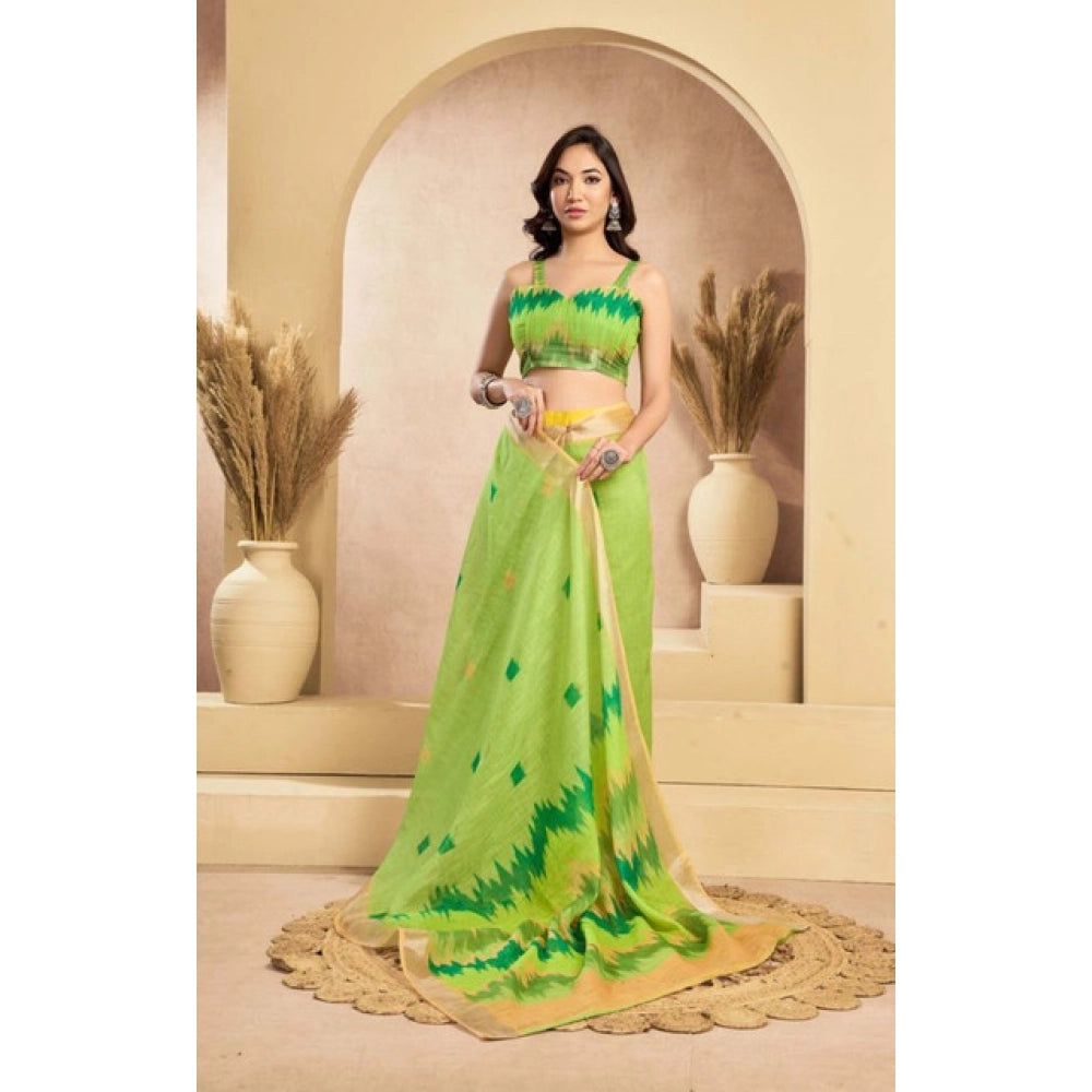 Amfyn Women's Faux Linen Floral Print Ready to wear Saree With Unstitched Blouse 5.5Mtr (Green)