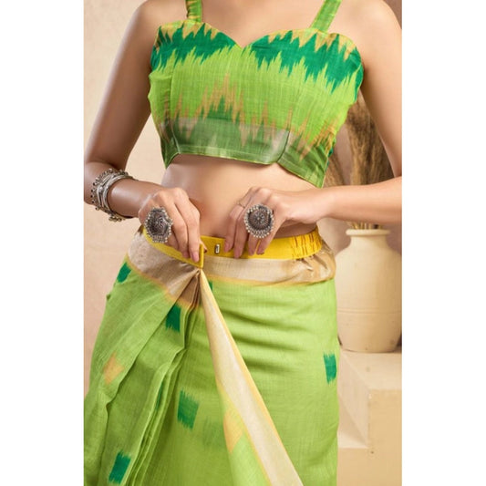 Amfyn Women's Faux Linen Floral Print Ready to wear Saree With Unstitched Blouse 5.5Mtr (Green)