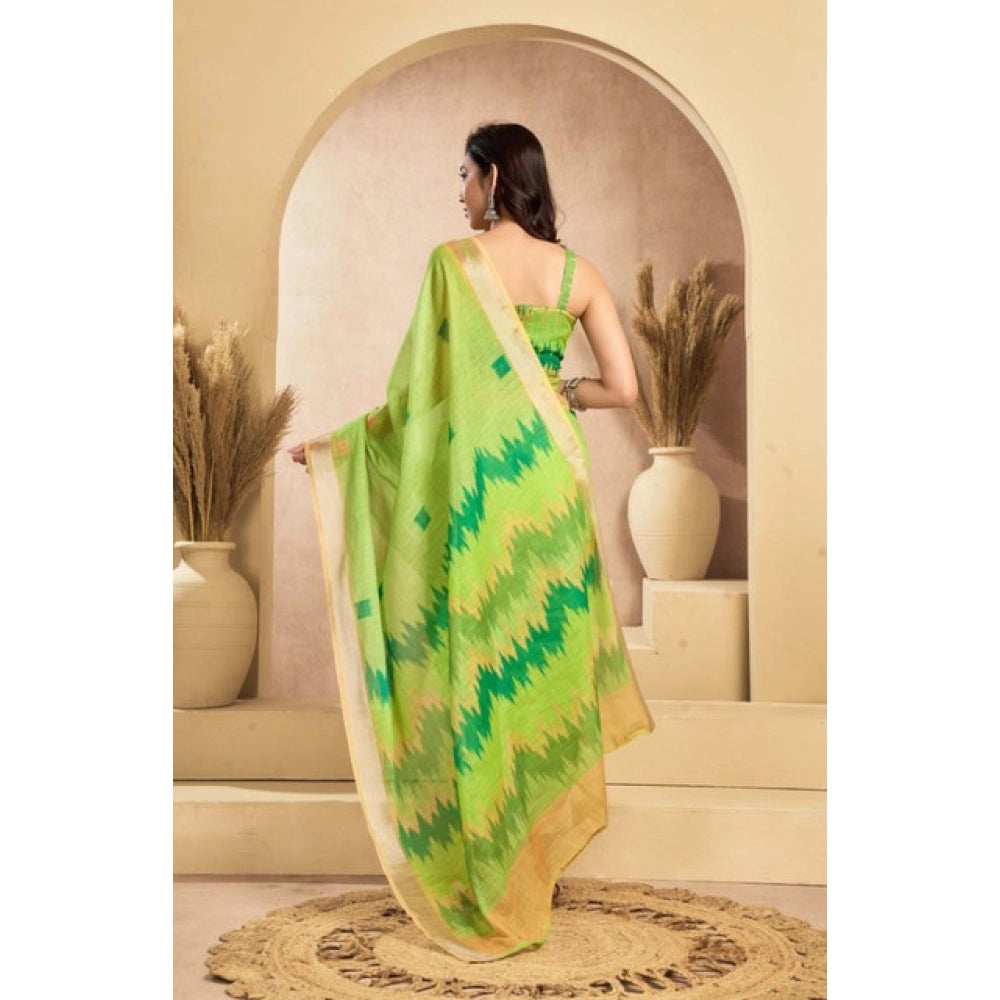 Amfyn Women's Faux Linen Floral Print Ready to wear Saree With Unstitched Blouse 5.5Mtr (Green)