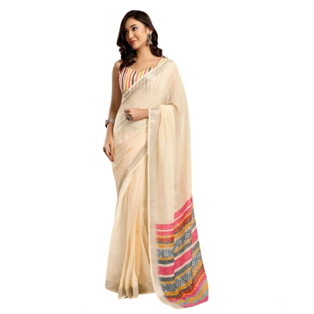 Amfyn Women's Faux Linen Floral Print Ready to wear Saree With Unstitched Blouse 5.5Mtr (Cream)