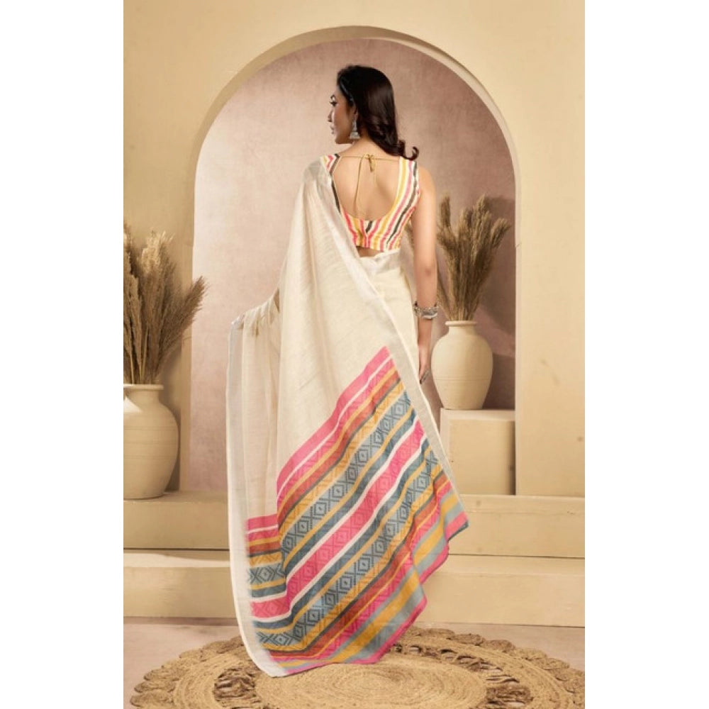 Amfyn Women's Faux Linen Floral Print Ready to wear Saree With Unstitched Blouse 5.5Mtr (Cream)