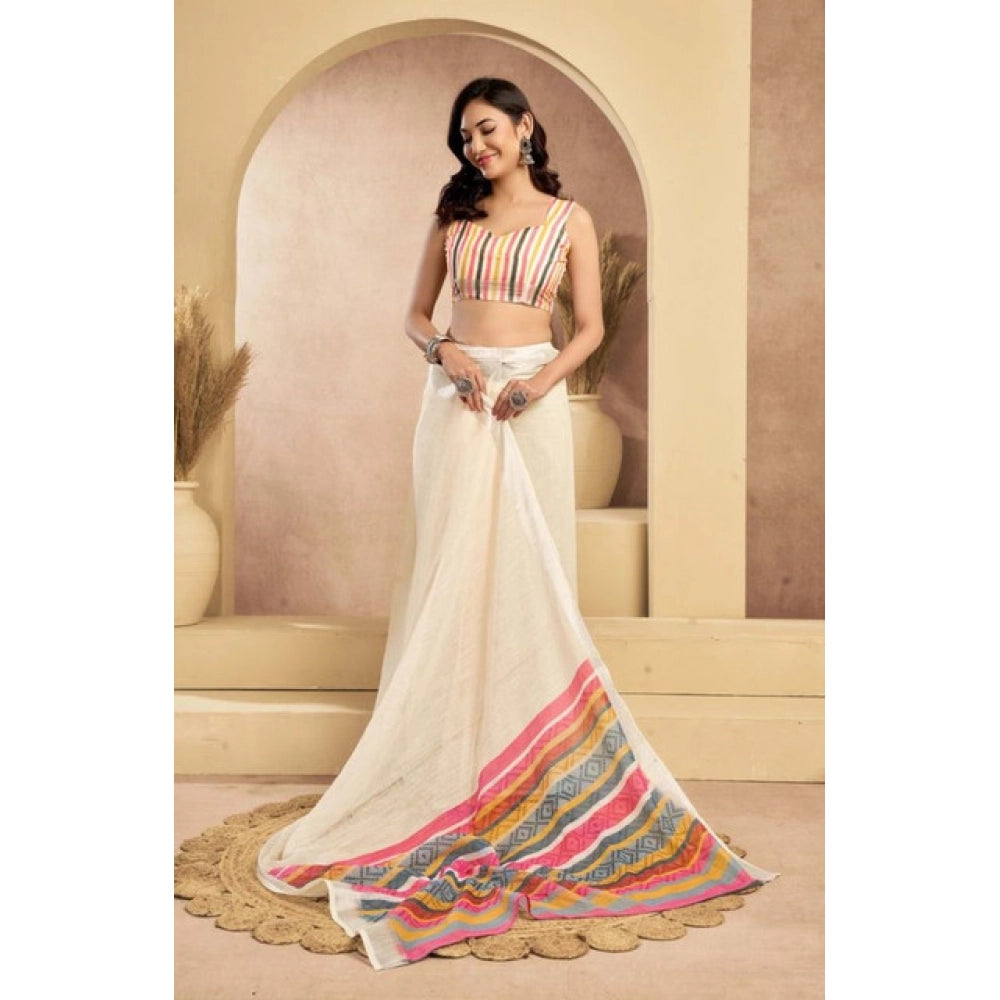Amfyn Women's Faux Linen Floral Print Ready to wear Saree With Unstitched Blouse 5.5Mtr (Cream)